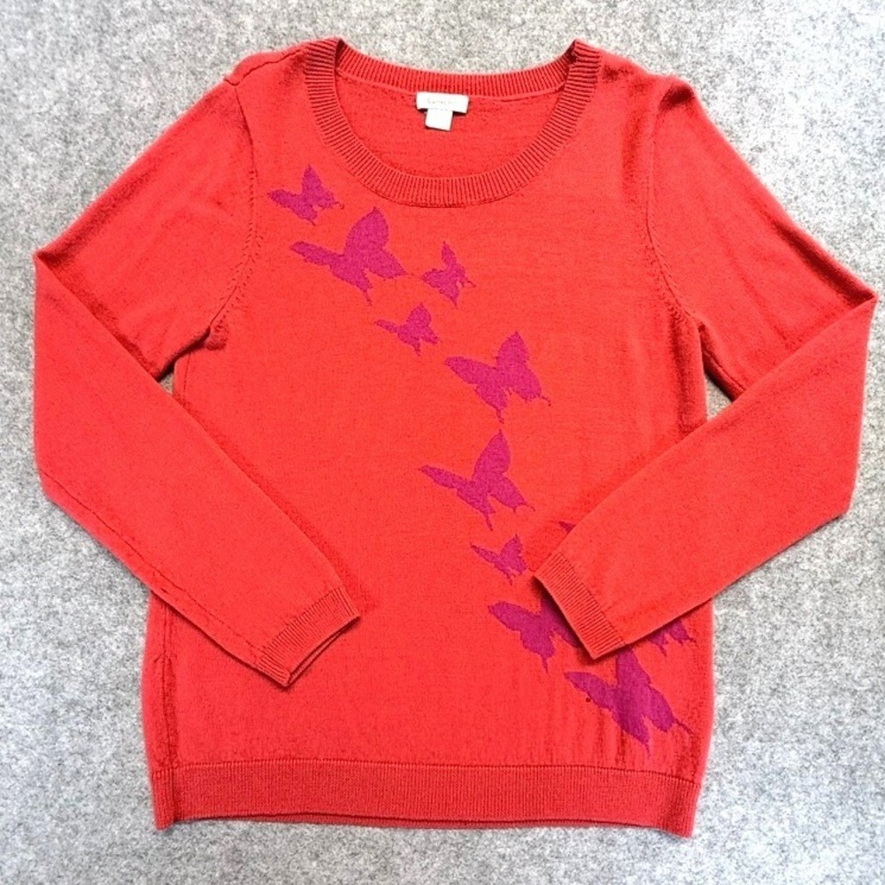 Garnet Hill Womens 100% Wool Butterfly Crewneck Sweater Orange Purple M